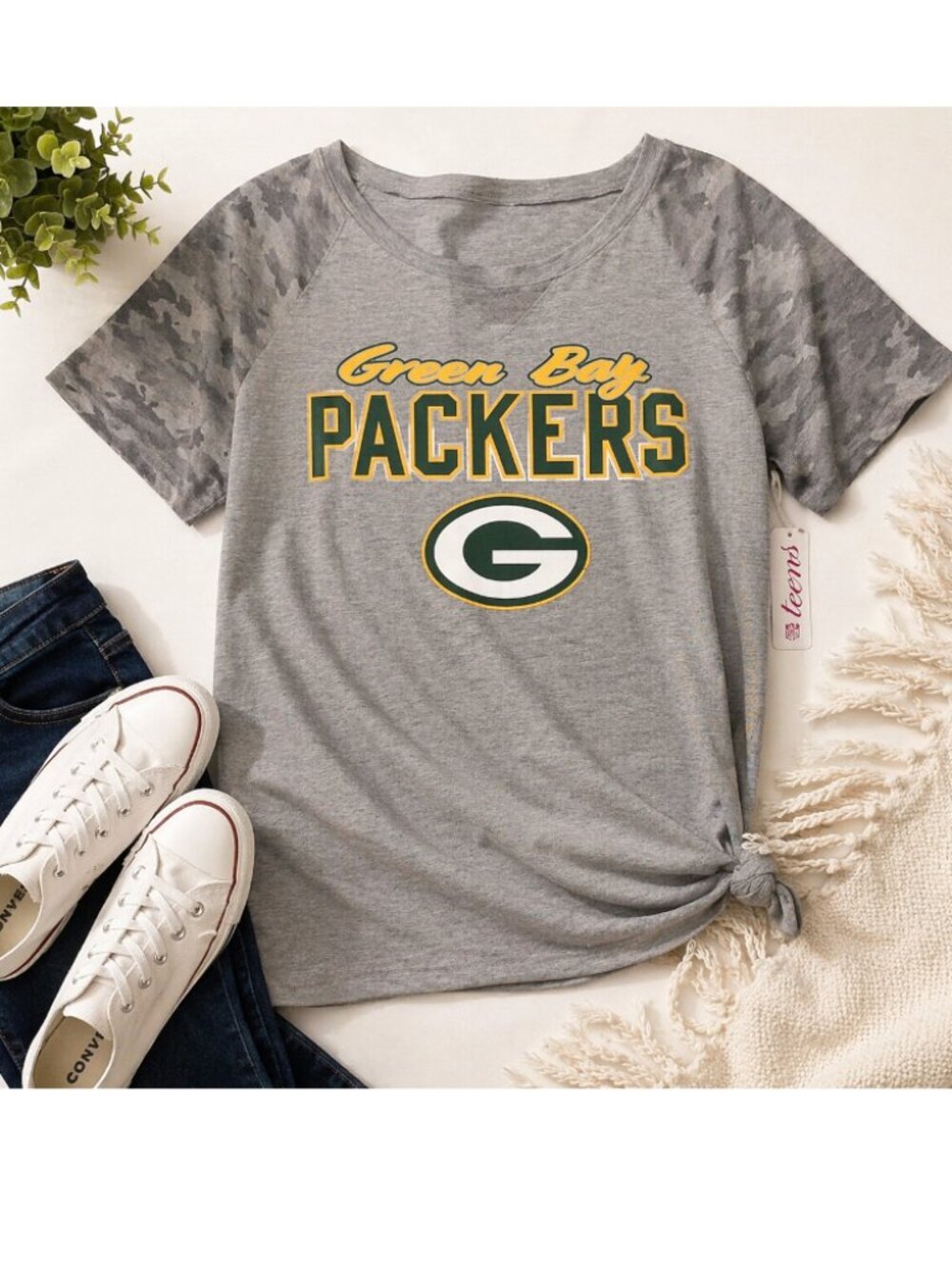 NWT: NFL Green Bay Packers | Camo Short-Sleeve T-Shirt with Knot | Sz Juniors L